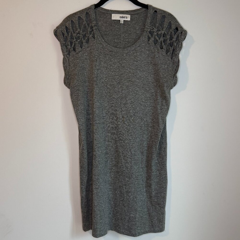 Isabel Lu Gray T-Shirt Tunic Dress, Shoulder Tie Details, S